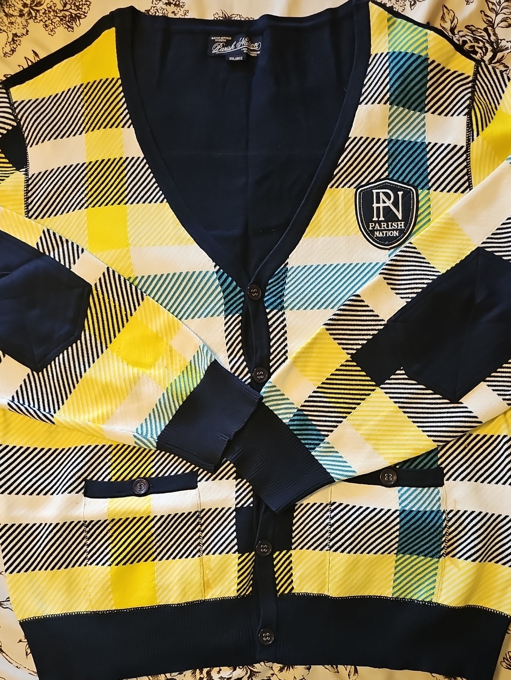 Parish Nation Men’s Yellow Plaid Cardigan Sweater